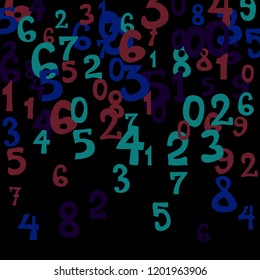 Falling colorful numbers on black background. Abstract colorful background for banner or poster. Pattern of randomly distributed numbers from zero to nine in color.