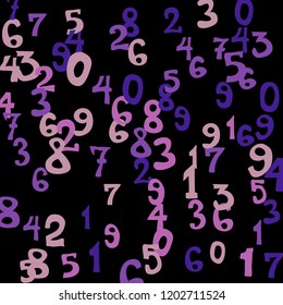 Falling colorful numbers on black background. Abstract background of color numbers for card or print. Pattern of randomly distributed numbers from zero to nine in color.