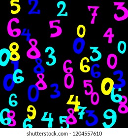 Falling colorful numbers on black background. Abstract background of color numbers for banner or poster. Pattern of randomly distributed numbers from zero to nine in color.