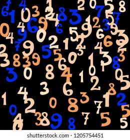Falling colorful numbers on black background. Abstract colorful background for card or print. Pattern of randomly distributed numbers from zero to nine in color.