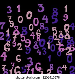 Falling colorful numbers on black background. Abstract colorful background for banner or poster. Pattern of randomly distributed numbers from zero to nine in color.