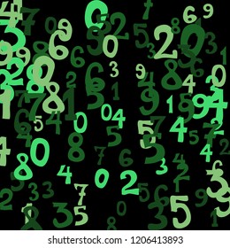 Falling colorful numbers on black background. Abstract background of color numbers for card or banner. Pattern of randomly distributed numbers from zero to nine in color.