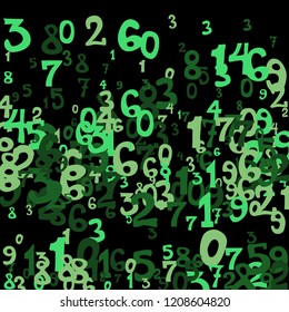 Falling colorful numbers on black background. Abstract background of color numbers for card or print. Pattern of randomly distributed numbers from zero to nine in color.