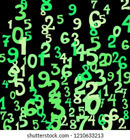 Falling colorful numbers on black background. Abstract colorful background for banner or poster. Pattern of randomly distributed numbers from zero to nine in color.