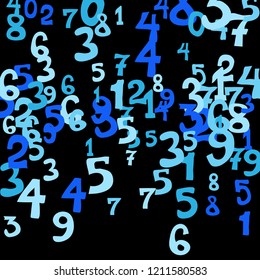 Falling colorful numbers on black background. Abstract colorful background for card or banner. Pattern of randomly distributed numbers from zero to nine in color.