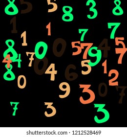 Falling colorful numbers on black background. Abstract background of color numbers for card or banner. Pattern of randomly distributed numbers from zero to nine in color.