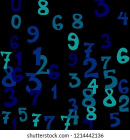 Falling colorful numbers on black background. Abstract background of color numbers for banner or poster. Pattern of randomly distributed numbers from zero to nine in color.