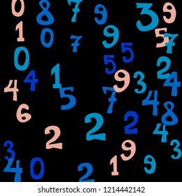Falling colorful numbers on black background. Abstract background of color numbers for card or banner. Pattern of randomly distributed numbers from zero to nine in color.