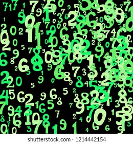 Falling colorful numbers on black background. Abstract colorful background for card or print. Pattern of randomly distributed numbers from zero to nine in color.