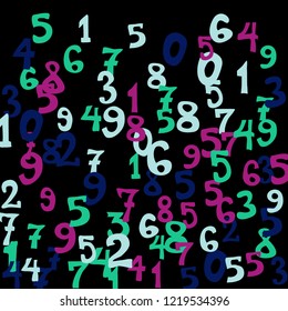 Falling colorful numbers on black background. Abstract colorful background for card or print. Pattern of randomly distributed numbers from zero to nine in color.