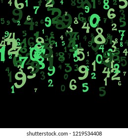 Falling colorful numbers on black background. Abstract background of color numbers for card or print. Pattern of randomly distributed numbers from zero to nine in color.