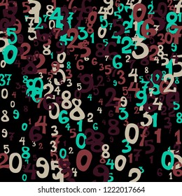 Falling colorful numbers on black background. Abstract colorful background for banner or poster. Pattern of randomly distributed numbers from zero to nine in color.