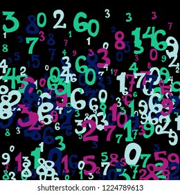 Falling colorful numbers on black background. Abstract colorful background for card or print. Pattern of randomly distributed numbers from zero to nine in color.