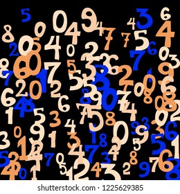 Falling colorful numbers on black background. Abstract background of color numbers for card or banner. Pattern of randomly distributed numbers from zero to nine in color.