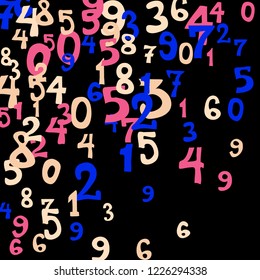 Falling colorful numbers on black background. Abstract background of color numbers for banner or poster. Pattern of randomly distributed numbers from zero to nine in color.