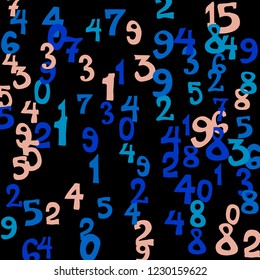 Falling colorful numbers on black background. Abstract colorful background for card or print. Pattern of randomly distributed numbers from zero to nine in color.