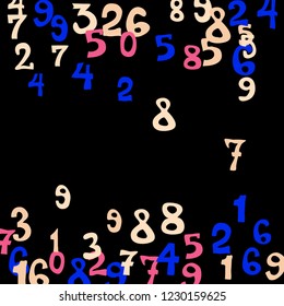 Falling colorful numbers on black background. Abstract colorful background for banner or poster. Pattern of randomly distributed numbers from zero to nine in color.