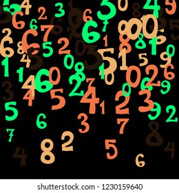 Falling colorful numbers on black background. Abstract background of color numbers for card or print. Pattern of randomly distributed numbers from zero to nine in color.