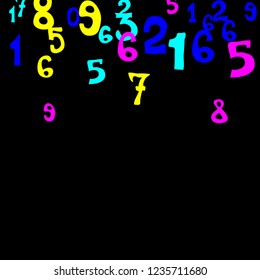 Falling colorful numbers on black background. Abstract colorful background for card or banner. Pattern of randomly distributed numbers from zero to nine in color.