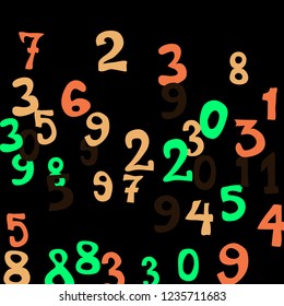 Falling colorful numbers on black background. Abstract background of color numbers for banner or poster. Pattern of randomly distributed numbers from zero to nine in color.