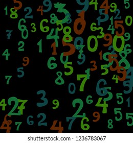 Falling colorful numbers on black background. Abstract background of color numbers for banner or poster. Pattern of randomly distributed numbers from zero to nine in color.