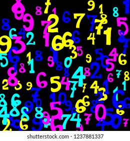 Falling colorful numbers on black background. Abstract background of color numbers for banner or poster. Pattern of randomly distributed numbers from zero to nine in color.