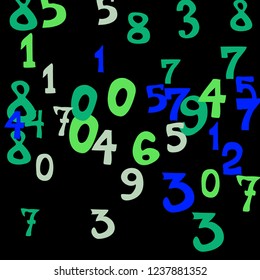 Falling colorful numbers on black background. Abstract colorful background for card or banner. Pattern of randomly distributed numbers from zero to nine in color.