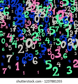 Falling colorful numbers on black background. Abstract background of color numbers for banner or poster. Pattern of randomly distributed numbers from zero to nine in color.