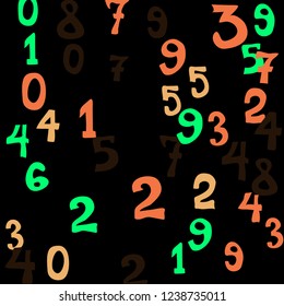 Falling colorful numbers on black background. Abstract background of color numbers for banner or poster. Pattern of randomly distributed numbers from zero to nine in color.