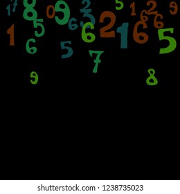 Falling colorful numbers on black background. Abstract colorful background for card or print. Pattern of randomly distributed numbers from zero to nine in color.