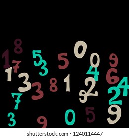 Falling colorful numbers on black background. Abstract colorful background for card or banner. Pattern of randomly distributed numbers from zero to nine in color.