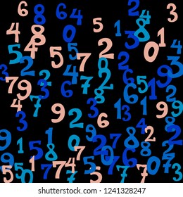 Falling colorful numbers on black background. Abstract colorful background for banner or poster. Pattern of randomly distributed numbers from zero to nine in color.