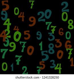 Falling colorful numbers on black background. Abstract colorful background for card or print. Pattern of randomly distributed numbers from zero to nine in color.