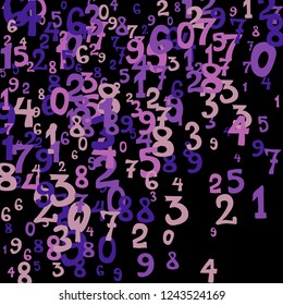 Falling colorful numbers on black background. Abstract background of color numbers for card or banner. Pattern of randomly distributed numbers from zero to nine in color.