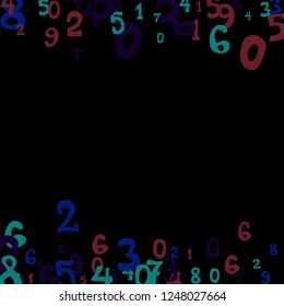 Falling colorful numbers on black background. Abstract background of color numbers for card or banner. Pattern of randomly distributed numbers from zero to nine in color.