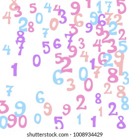 Falling colorful numbers on white background. Abstract background of color numbers for card or print. Pattern of randomly distributed numbers from zero to nine in color.