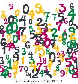 Falling colorful numbers on white background. Abstract colorful background for card or banner. Pattern of randomly distributed numbers from zero to nine in color.