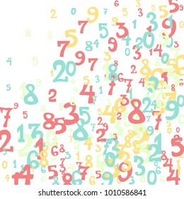 Falling colorful numbers on white background. Abstract colorful background for banner or poster. Pattern of randomly distributed numbers from zero to nine in color.