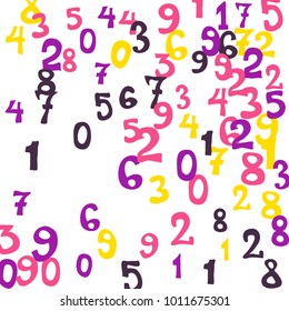 Falling colorful numbers on white background. Abstract colorful background for card or print. Pattern of randomly distributed numbers from zero to nine in color.