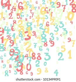 Falling colorful numbers on white background. Abstract background of color numbers for card or banner. Pattern of randomly distributed numbers from zero to nine in color.