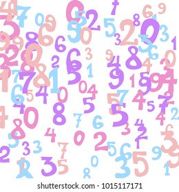 Falling colorful numbers on white background. Abstract background of color numbers for card or banner. Pattern of randomly distributed numbers from zero to nine in color.