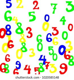Falling colorful numbers on white background. Abstract colorful background for card or print. Pattern of randomly distributed numbers from zero to nine in color.
