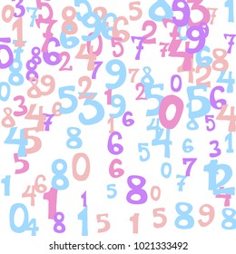 Falling colorful numbers on white background. Abstract colorful background for banner or poster. Pattern of randomly distributed numbers from zero to nine in color.