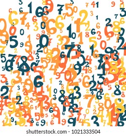 Falling colorful numbers on white background. Abstract colorful background for card or banner. Pattern of randomly distributed numbers from zero to nine in color.