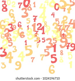 Falling colorful numbers on white background. Abstract background of color numbers for card or banner. Pattern of randomly distributed numbers from zero to nine in color.