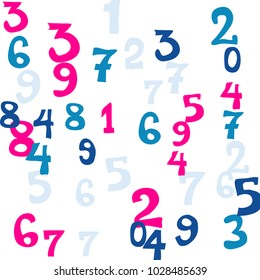 Falling colorful numbers on white background. Abstract colorful background for card or print. Pattern of randomly distributed numbers from zero to nine in color.