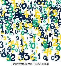 Falling colorful numbers on white background. Abstract colorful background for banner or poster. Pattern of randomly distributed numbers from zero to nine in color.