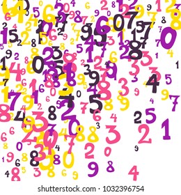 Falling colorful numbers on white background. Abstract background of color numbers for card or banner. Pattern of randomly distributed numbers from zero to nine in color.