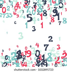 Falling colorful numbers on white background. Abstract background of color numbers for card or print. Pattern of randomly distributed numbers from zero to nine in color.