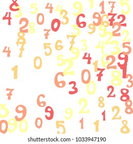 Falling colorful numbers on white background. Abstract colorful background for card or print. Pattern of randomly distributed numbers from zero to nine in color.